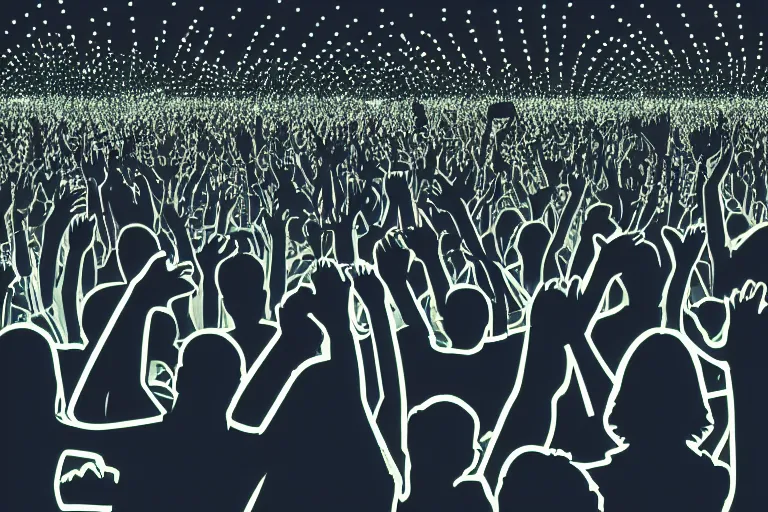 Prompt: crowd partying with their hands up at a festival, lighters, cellphones, haze, light beams, silhouette, digital art, trending on artstation, 4k, unreal engine, intricate, ornate
