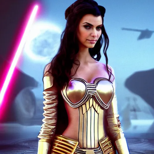 Image similar to victoria justice with kim kardashian body as princess padme in star wars episode 3, 8 k resolution, cinematic lighting, anatomically correct