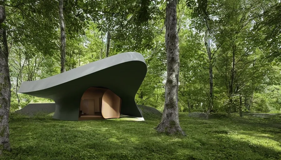 Prompt: A unique innovative and contemporary creative cabin in a lush green forest with soft rounded corners and angles, 3D printed line texture, made of cement, connected by sidewalks, public space, and a park, Design and style by Zaha Hadid, Wes Anderson and Gucci