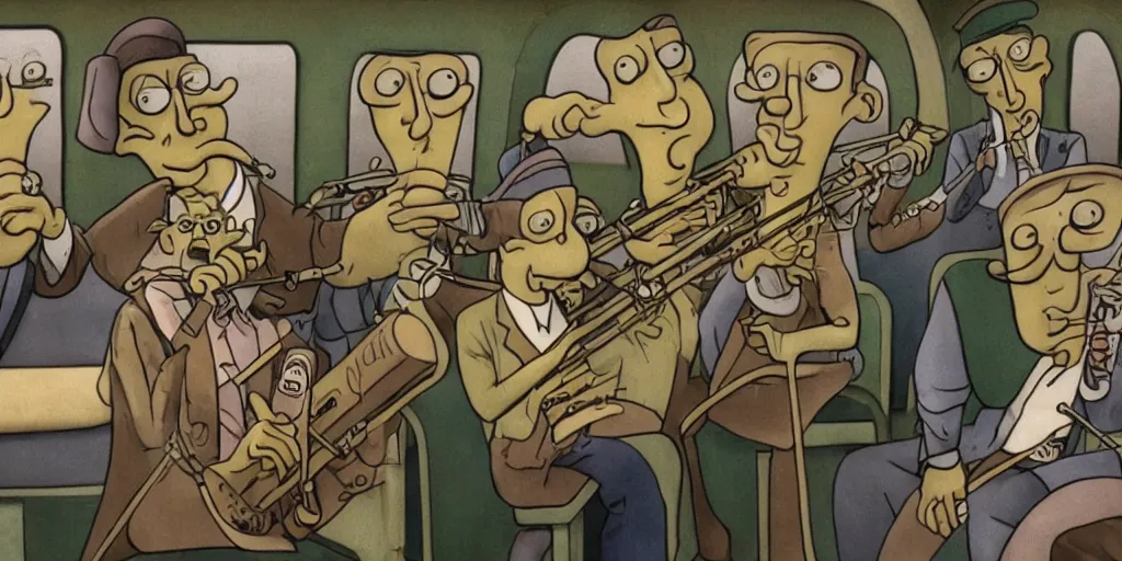 Prompt: squidward playing the clarinet on the new york subway, surrealism aesthetic, detailed facial expressions