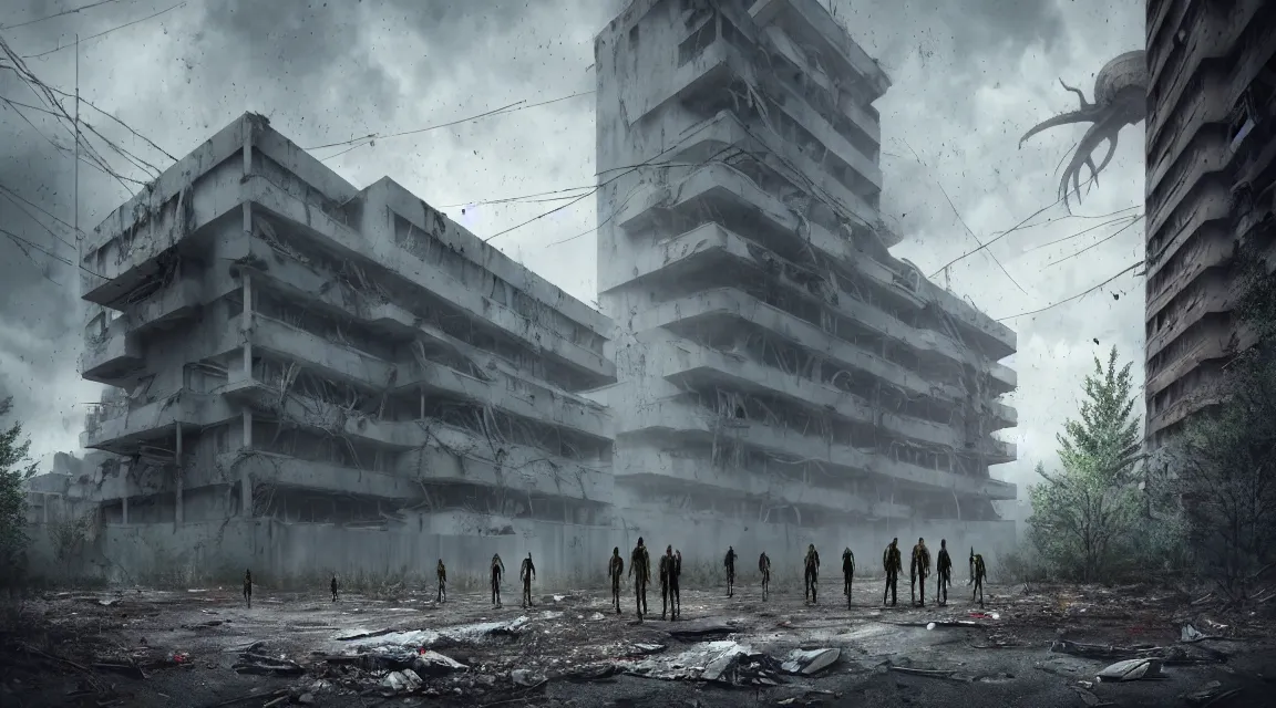 Image similar to big grey aliens walking outsife a post apocalyptic hospital building, morning, building, avenue, modern contemporary urban americana concrete architecture, by pascal blanche, neil blevins, apocalyptic color palette, trending on artstation, photorealistic, vivid wilderness ambiance, ultra detailed, high definition, depth of field, bokeh, rubble, wild vegetation, blood stains, building crumbling