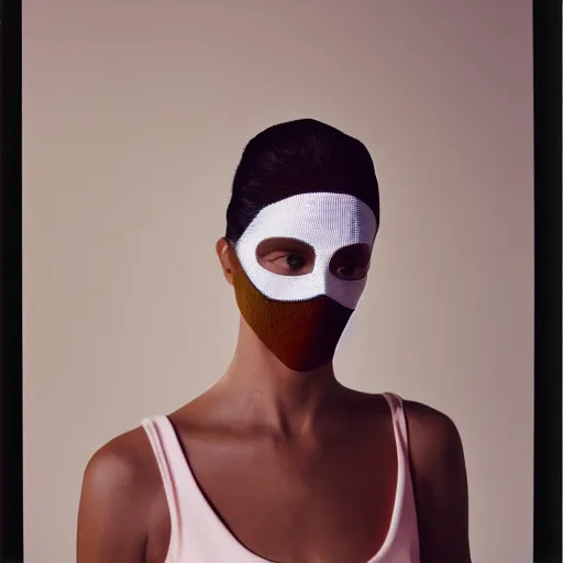 Image similar to realistic photoshooting for a new balenciaga lookbook, color film photography, portrait of a beautiful woman, model is wearing a balaclava mask, in style of tyler mitchell, 3 5 mm,