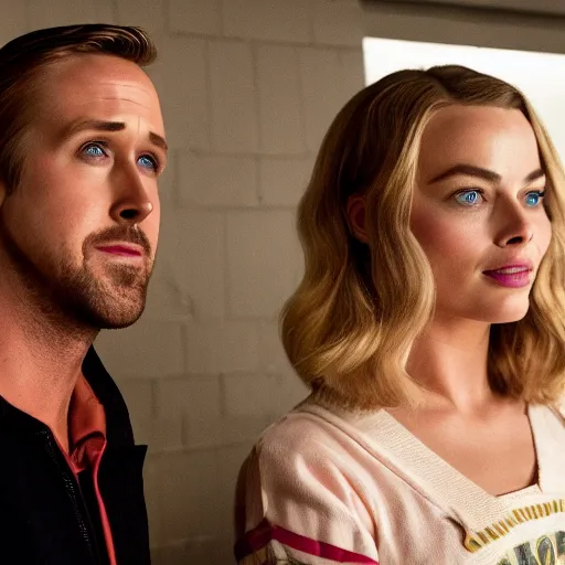 Prompt: still of ryan gosling and margot robbie, in stranger things