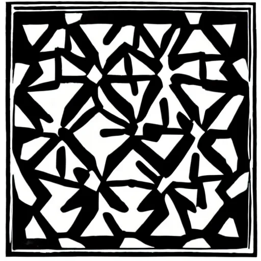 Image similar to high contrast black ink on white paper tessellation block print illustration