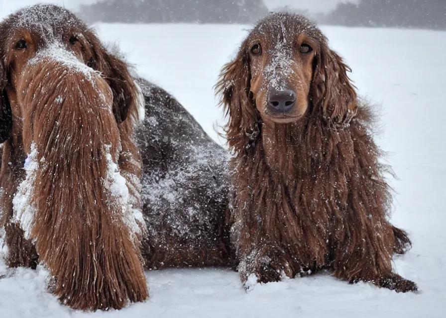 Image similar to Giant woolly dachshund with mammoth tusks, in the middle of a snow storm