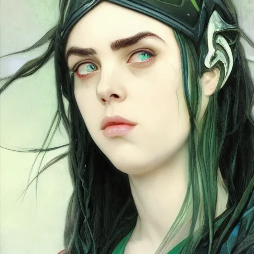 Prompt: Billie Eilish as Female Loki, very detailed, digital art, trending on artstation, concept art, smooth, illustration, art by artgerm and greg rutkowski and alphonse mucha and J. C. Leyendecker and Edmund Blair Leighton and Katsuhiro Otomo and Geof Darrow and Phil hale and Ashley wood and Ilya repin and Charlie Bowater