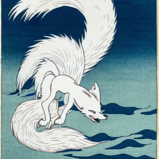 Image similar to white kitsune, nine tailed fox, near a lake, hokusai style