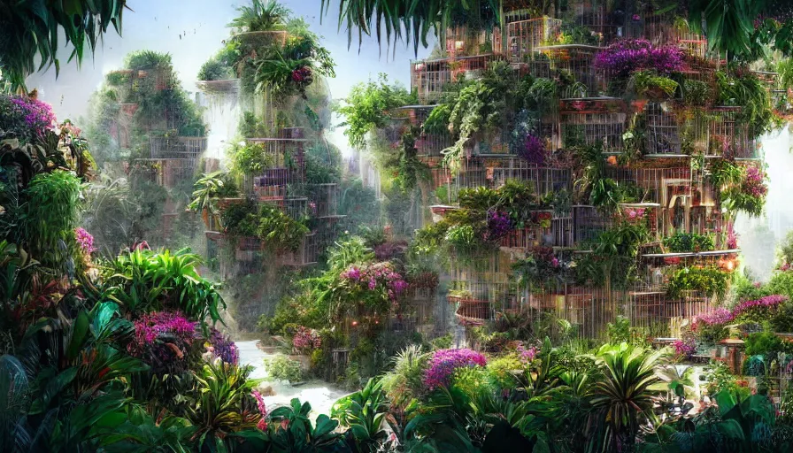 Image similar to hanging gardens of babylon, flowers, palms, artstation