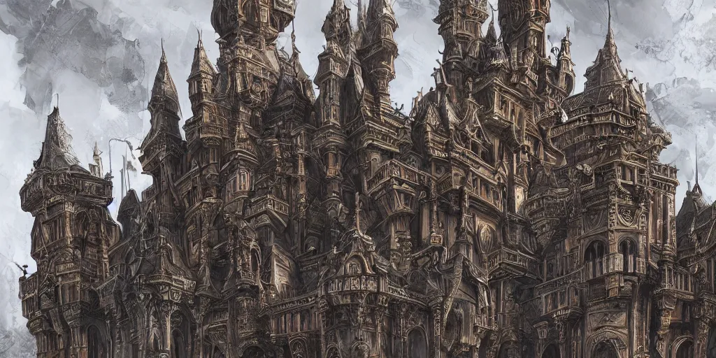 Prompt: multi layered huge architectures, imposing and highly ornamented fantasy castle, digital painting, highly detailed, ancient architecture, concept art, illustration,smooth,sharp focus, intricate, super wide angle, trending on artstation, trending on deviantart, 4K
