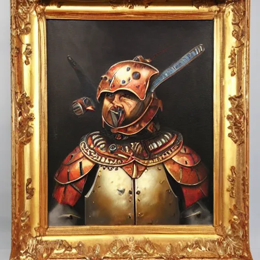 Prompt: oil painting, a serious warrior in funny armor, bathos
