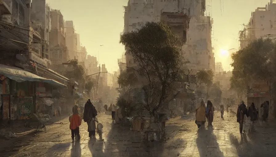 Image similar to jeddah city street, roshan, shops, a bright pharmacy, a nomad wearing a worn out coat, plants, old tree, kids, dramatic lighting fantasy, sci fi, by caspar david friedrich by james gilleard and justin gerard, centered, artstation, smooth, sharp focus, photoreal octane render, by jean baptiste monge, gustave dore, deviantart