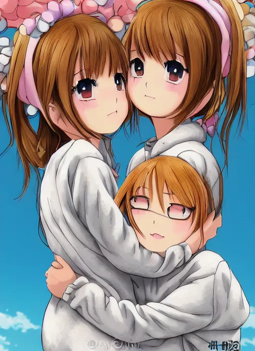 Prompt: highly detailed portrait of one blonde and one brown haired anime girl in onesies hugging each other looking at us, detailed eyes, happy, excited, digital art, cute, anime, detailed faces, well drawn faces, cute faces, hand drawn, 8 k, trending on artstation, official media, in the style of hayao miyazaki