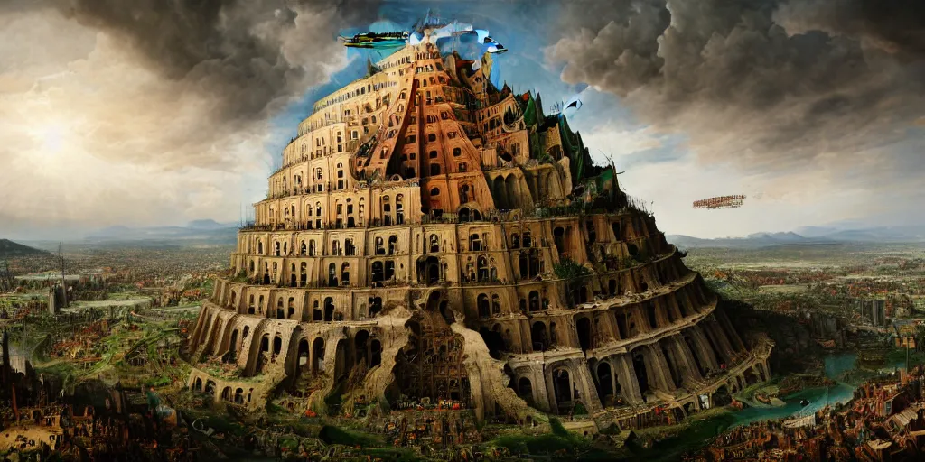 Image similar to Bruegels The Tower of Babel, solarpunk city, atmospheric lighting, hyperrealistic, realistic, photorealistic, dynamic lighting, highly detailed, cinematic landscape, studio landscape, studio lighting by Romain Jouandeau