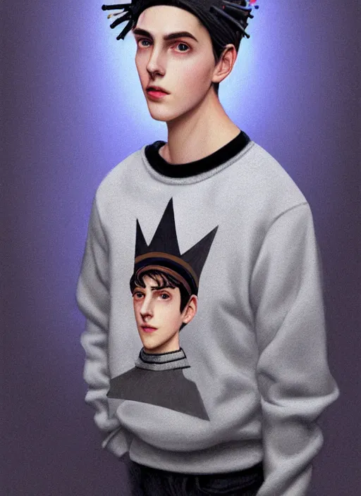 Image similar to portrait of teenage jughead jones wearing a light grey crown, photorealistic, crown, eyes closed, crown, black hair, sweater with letter s on it, letter s, intricate, elegant, glowing lights, highly detailed, digital painting, artstation, concept art, smooth, sharp focus, illustration, art by wlop, mars ravelo and greg rutkowski