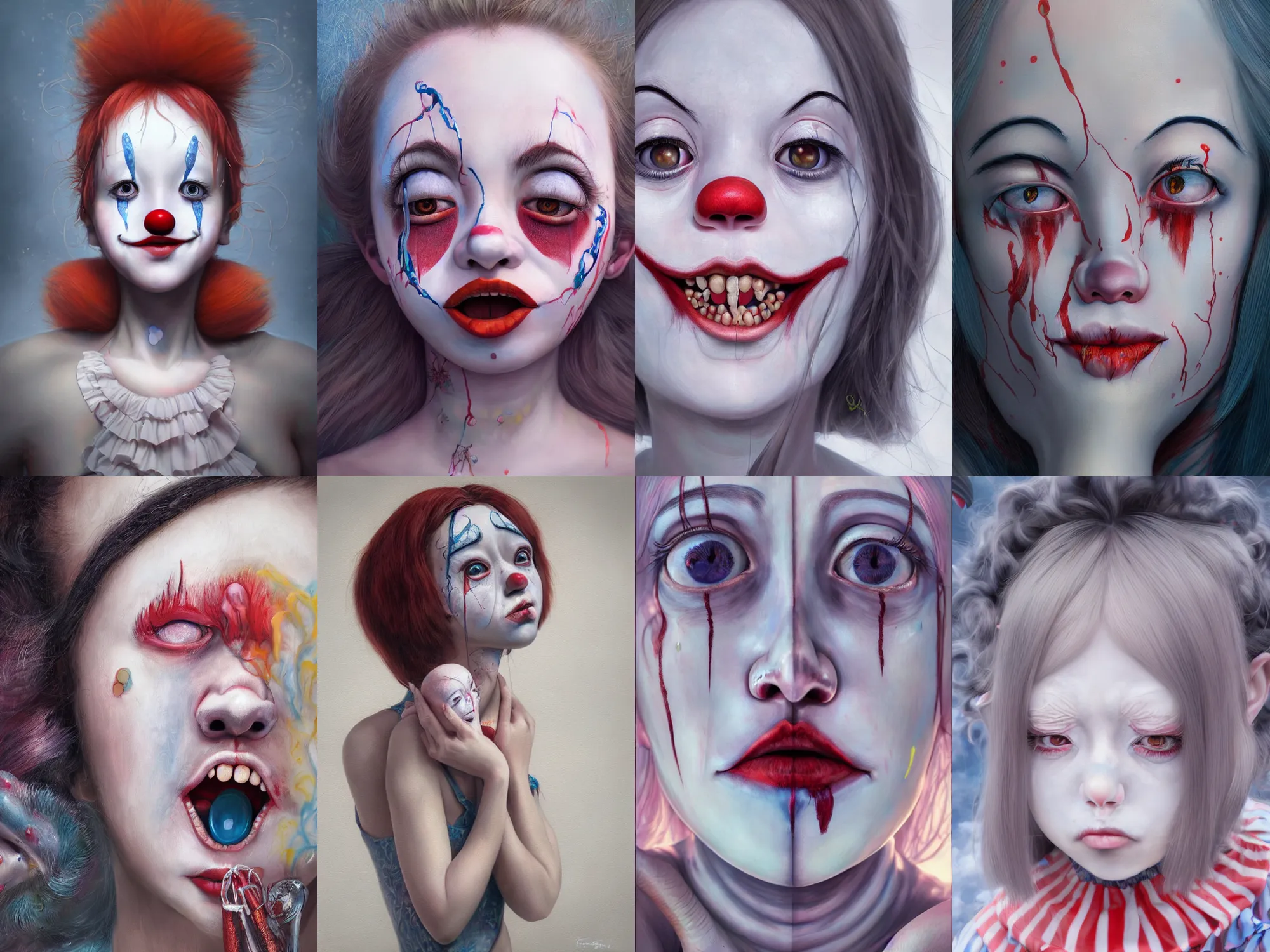 Image similar to detailed painting of clown girl crying, piercing eyes, james jean, miho hirano, hyperrealistic, octane render, ambient light, dynamic lighting