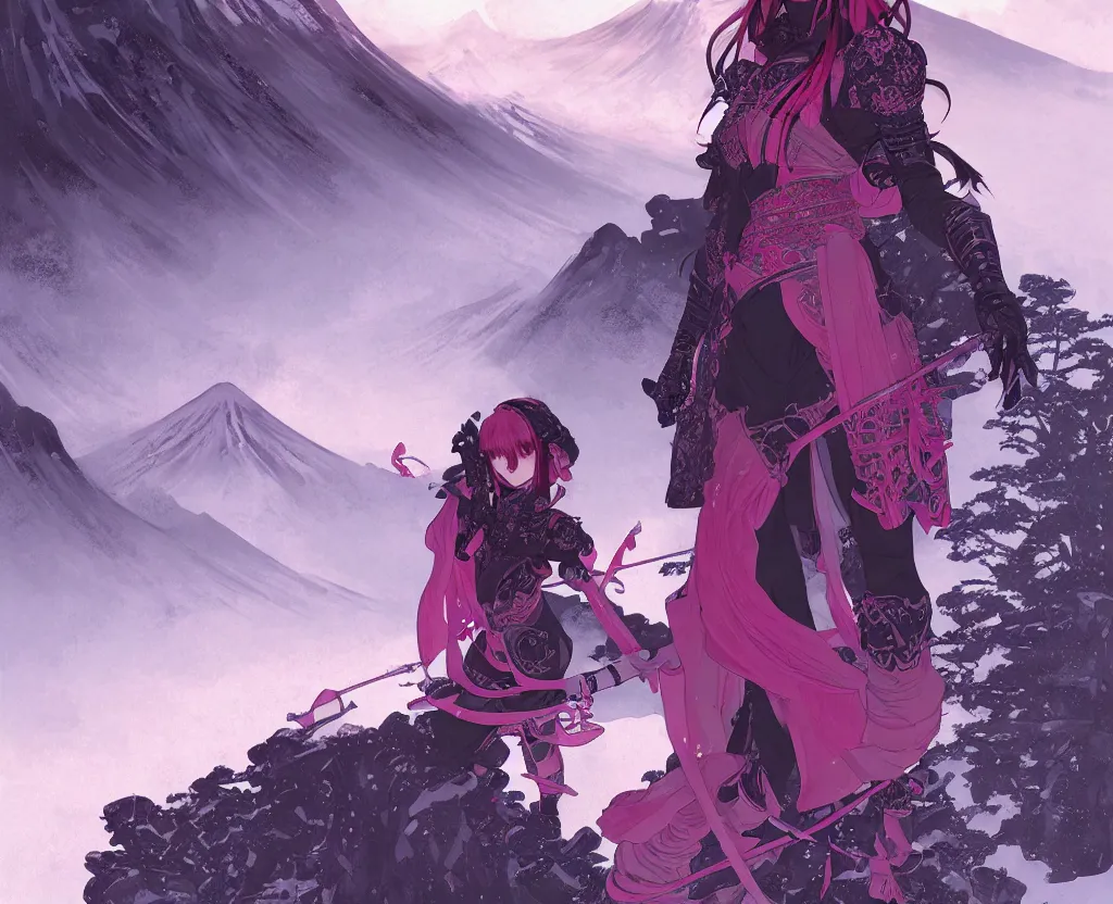 Image similar to portrait ninja gaiden girl, black plus little pink ninja wardrobe, at snowy fuji mountain sunrise, ssci - fi and fantasy, intricate and very very beautiful, detailed, digital painting, artstation, concept art, smooth and sharp focus, illustration, art by tian zi and wlop and alphonse mucha