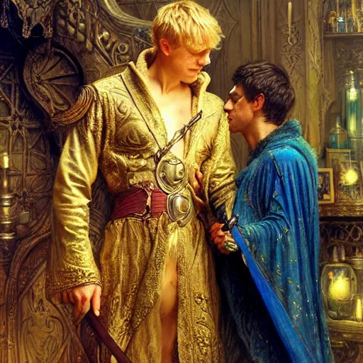 Image similar to handsome arthur pendragon in love with handsome merlin the mage. merlin is also in love with arthur. highly detailed painting by gaston bussiere, craig mullins, j. c. leyendecker