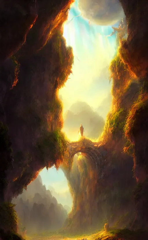 Image similar to a gate into heaven in the distance of a giant cave, dynamic lighting, ambient lighting, atmospherical, photorealistic fantasy concept art, trending on art station, stunning visuals, creative, cinematic, ultra detailed