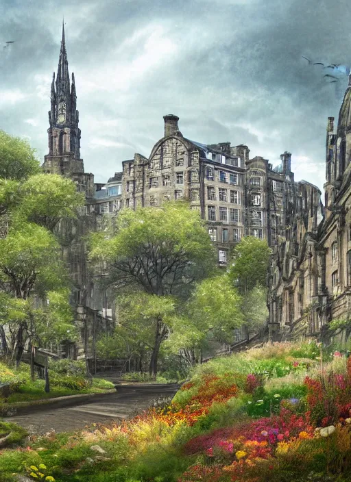 Image similar to a beautiful digital graphics design portrait of Edinburgh city. Edinburgh overgrown with plants, caledonian forest, matte painting, fantasy art, highly detailed