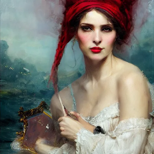 Image similar to Solomon Joseph Solomon and Richard Schmid and Jeremy Lipking victorian genre painting portrait painting of a young beautiful woman traditional exotic german french actress model pirate wench in fantasy costume, red background
