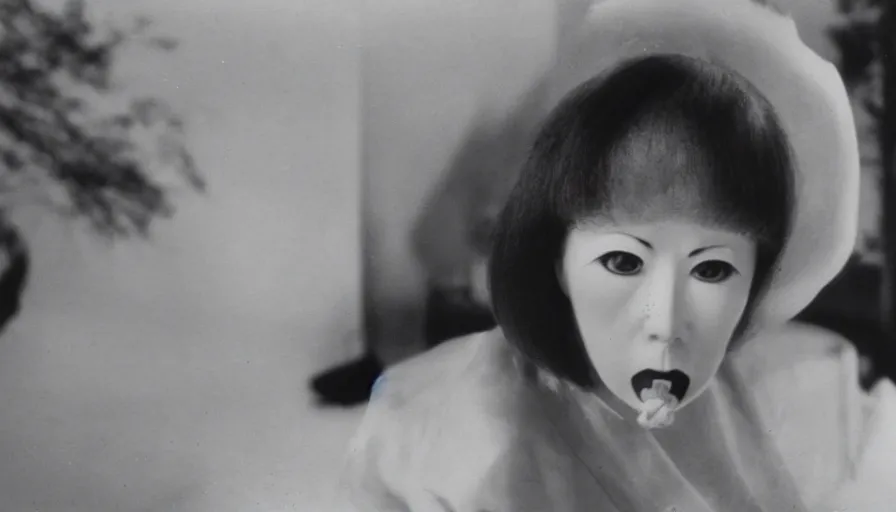 Prompt: 60s movie still of a white japanese female phantom with foetus beak, eastmancolor, heavy grain, high quality, higly detailed, liminal space