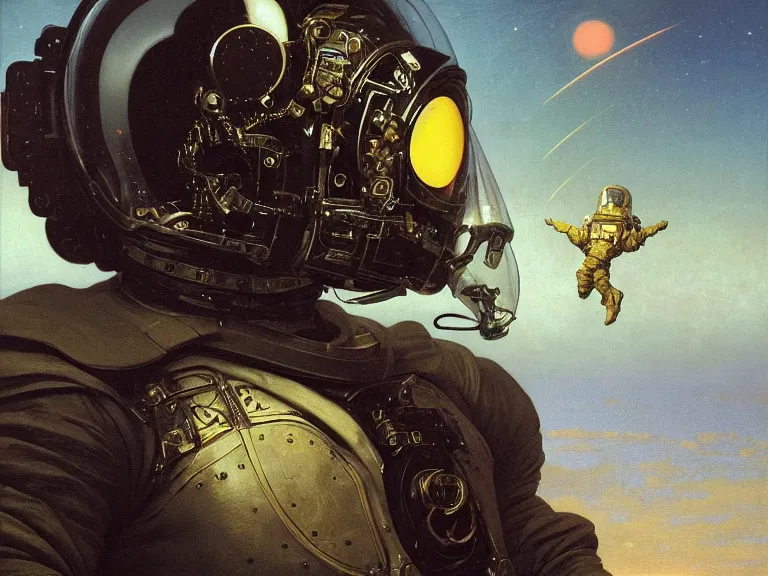 Image similar to a detailed profile oil painting of an explorer in a spacesuit with reflective helmet, flight suit, portrait symmetrical and science fiction theme with aurora lighting by beksinski carl spitzweg and tuomas korpi. baroque elements, full-length view. baroque element. intricate artwork by caravaggio. Trending on artstation. 8k