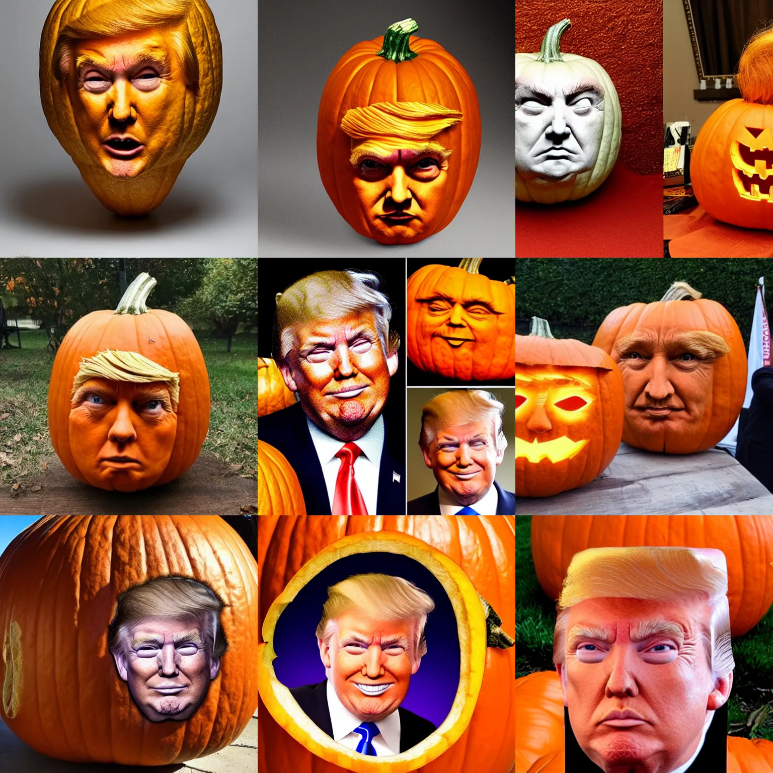 Prompt: donald trump face inside a pumpkin, pumpkin hair, hair, face, pumpkin
