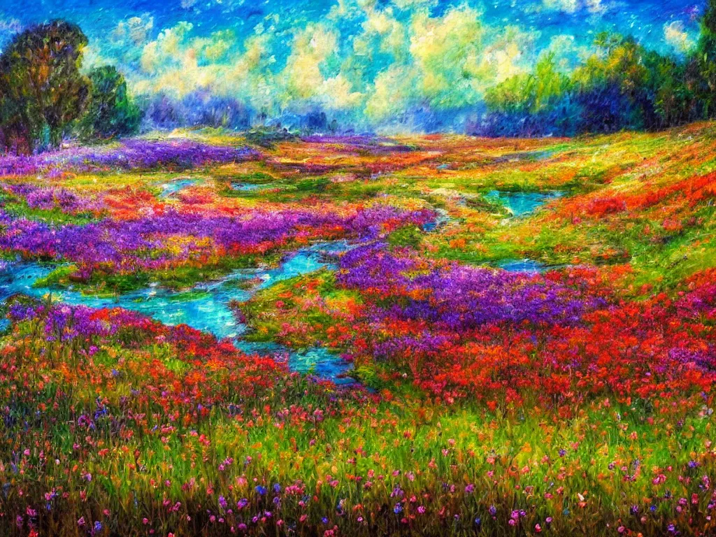 Image similar to an impressionist painting of a gorgeous meadow filled with colorful mushrooms with a stream flowing through it, psychedelic colors, colorful sky in background, high detail, trending on artstation