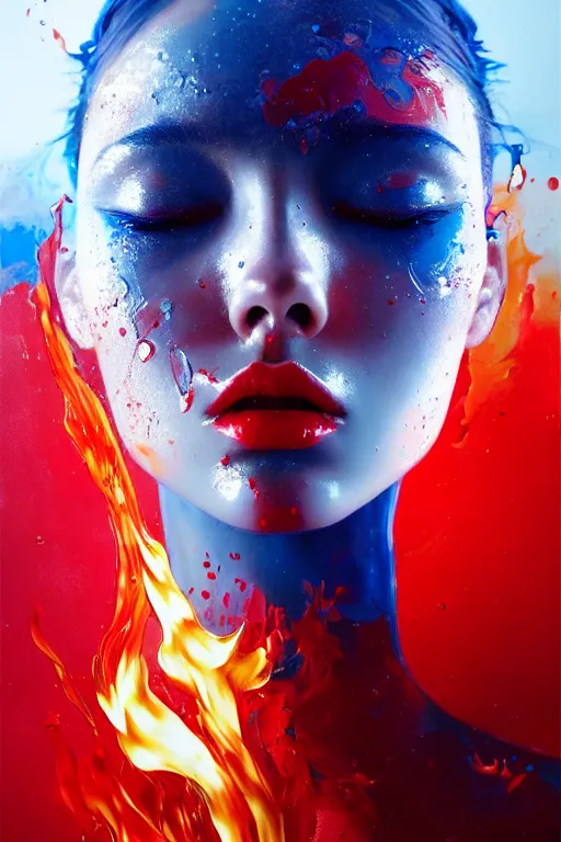 Image similar to 3 d, crying fashion model, flame, liquid deep blue and red water, sun, vogue cover style, poster art, high detail, intricate oil painting, multiple exposure, heaven mood, hyperrealism, 3 d, by tooth wu and wlop and beeple and greg rutkowski