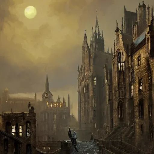 Prompt: a face made of Edinburgh buildings, castle, Georgian architecture, (bloodborne), by Ian McQue, by Ted Nasmith, golden hour, gothic architecture