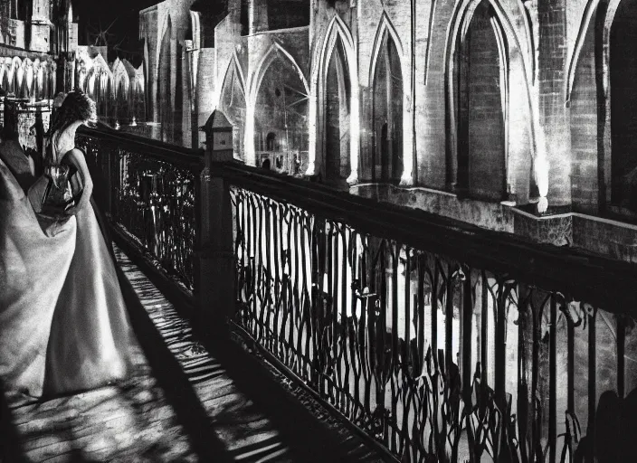 Image similar to a beautiful queen stands on a balcony overlooking a fantasy medieval gothic city at night, glow rays, 3 5 mm photography