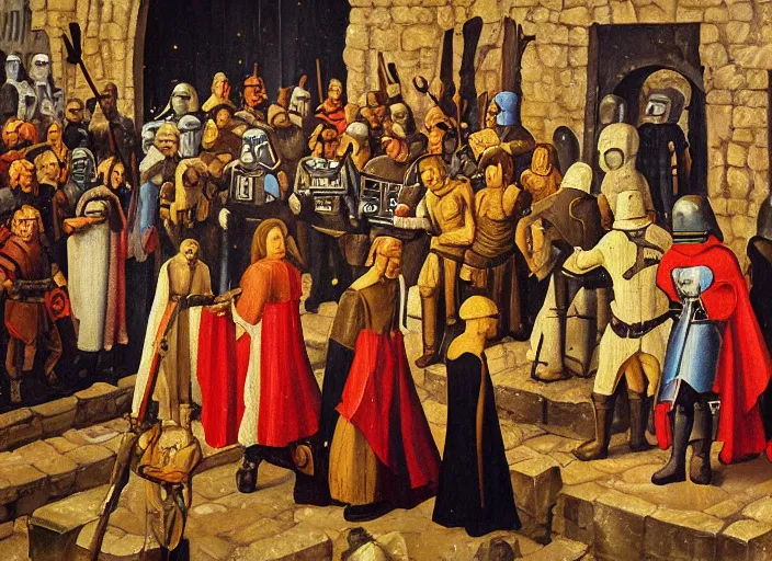 Prompt: medieval oil painting depicting star wars events, realistic, sharp, detailed