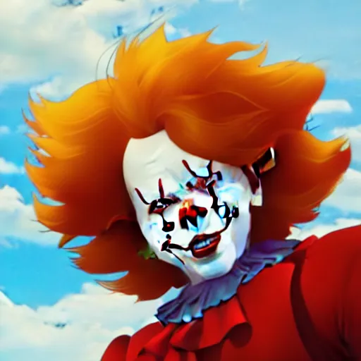 Image similar to close-up Makoto Shinkai portrait of Ronald McDonald as Pennywise, anime key visual, official media, Rossdraws, Lois van Baarle