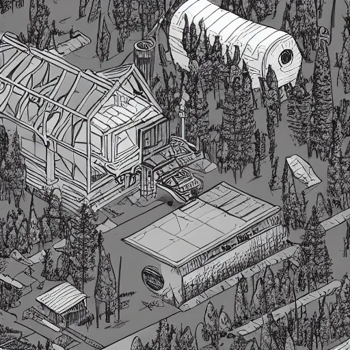 Prompt: in the style of ghostshrimp and deathburger and laurie greasley an isometric view of a giant decaying robot head in a forest that has been turned into a quaint house, highly detailed, 8k wallpaper