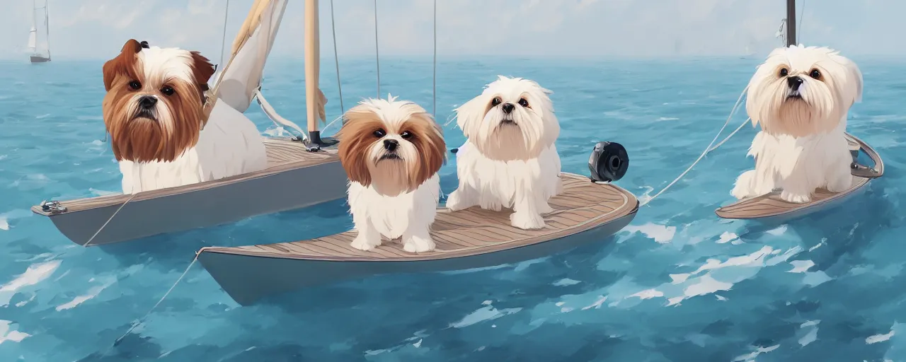 Prompt: a cream - colored havanese dog and shih tzu, sailing on a luxury yacht, detailed, atey ghailan, goro fujita, studio ghibli, rim light, exquisite lighting, clear focus, very coherent,