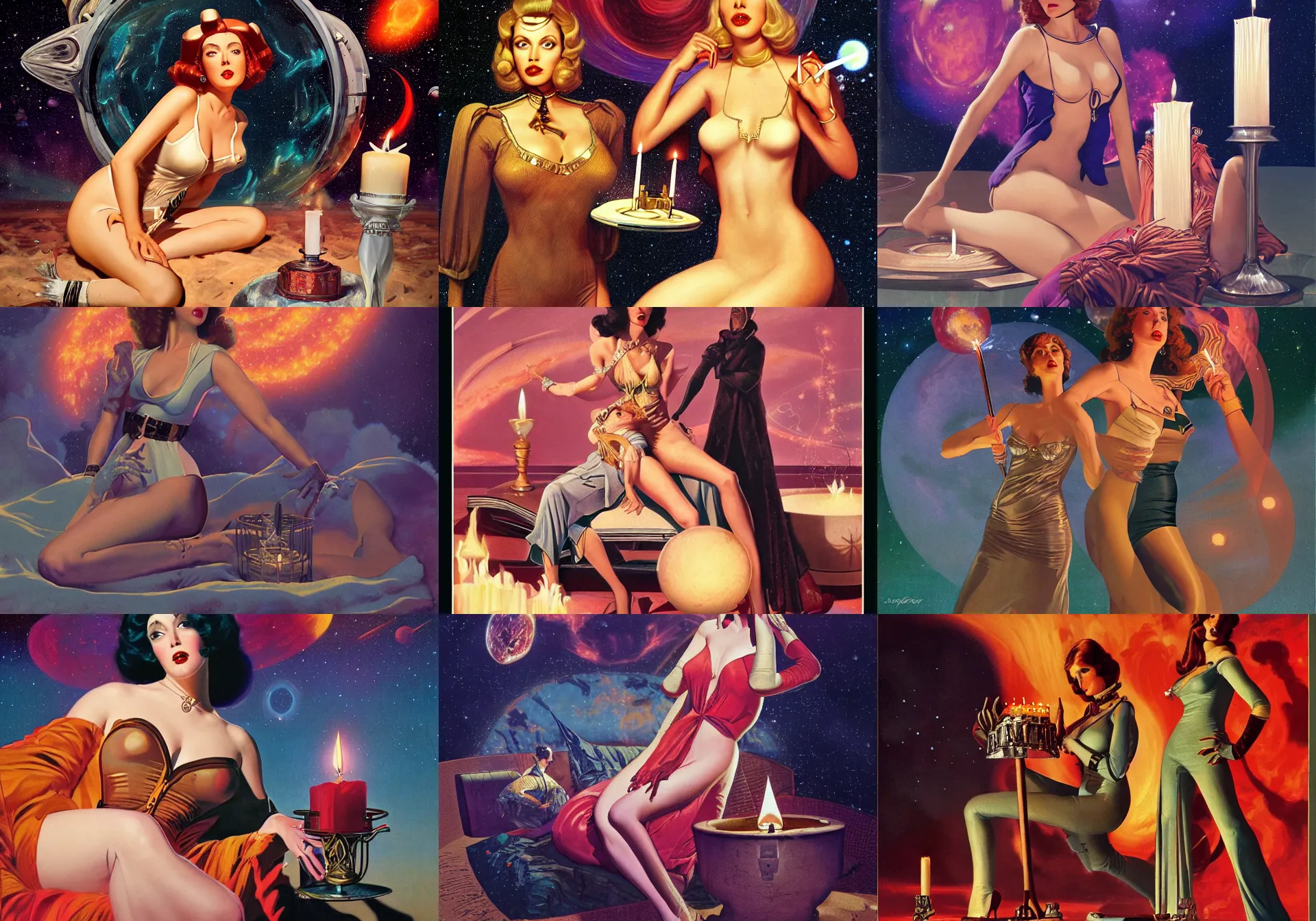 Prompt: pulp art, artwork by Joseph Leyendecker and Robert McGinnis and Alfred Henry Maurer, 3d octane blender render, Hipple and boho fashion 1970s, space and nebulas, candles, pin up girl, progressive rock album cover