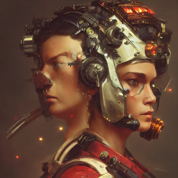 Image similar to a head and shoulders portrait of a space pirate, neon, retro, steampunk, smooth, sharp focus, intricate, artstation, detailed concept art by Greg Rutkowski and Norman Rockwell and Caravaggio