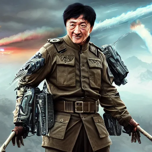 Image similar to Jackie Chan appears on the battlefield at the climax of the finno-korean hyperwar, by artgerm and wlop and scott fischer and seb mckinnon, digital art, highly detailed, wide shot, intricate, fantasy, mystical, sharp focus, Trending on Artstation HQ, deviantart, unreal engine 5, 4K UHD image