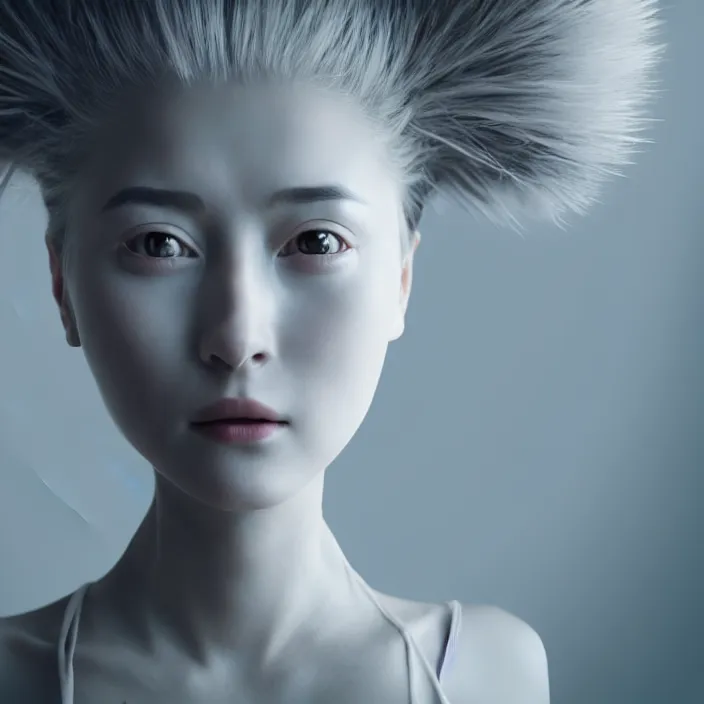 Image similar to cinematic portrait of woman from left, head and clothed chest only, exotic alien features, robotic enhancements, desaturated, in the style of studio ghibli