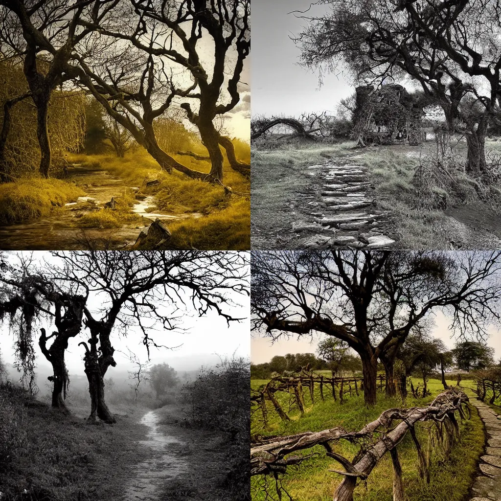 Prompt: Withered vines, and old trees, stands a sleepy crow. a small bridge, several cottages, with a stream flow. An ancient path, a lean horse, and west wind blow. the setting sun is downward going. Afar the heart-broken is roaming