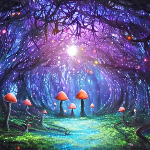 Prompt: Enchanted Mushroom Forest, sparkling fantasy art in the style of Leiji Matsumoto