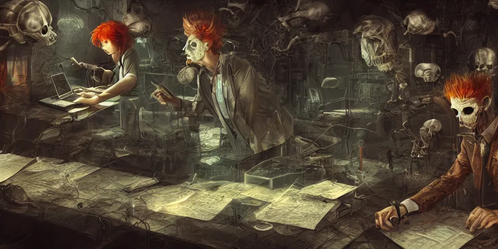 Image similar to secret labor under the surface, scary machine with floating animals in it, crazy professor with red hair writing down some notes, digital art, scary atmosphere, raytracing, hd