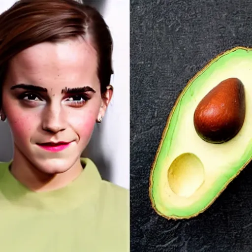 Image similar to photograph of emma watson with avocado - colored skin, anthropomorphic, photoshop