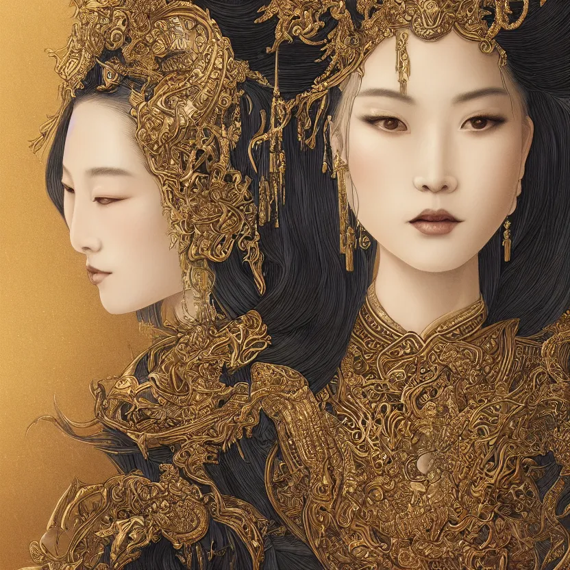 Prompt: amazing exquisite matte painting, close - up portrait of a chinese white loong, sacred,, shimmer, exquisite detail huge details, gold detailed line work, by xision and yukii morita,, james jean, trending on artstation