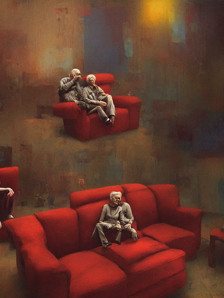 Image similar to highly detailed photo of a very old couple sitting on a couch, psx game graphics , Beksinski painting, part by Adrian Ghenie
