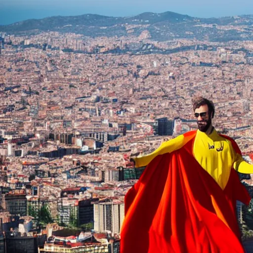 Prompt: santigo abascal flying over barcelona wearing a red and yellow cape