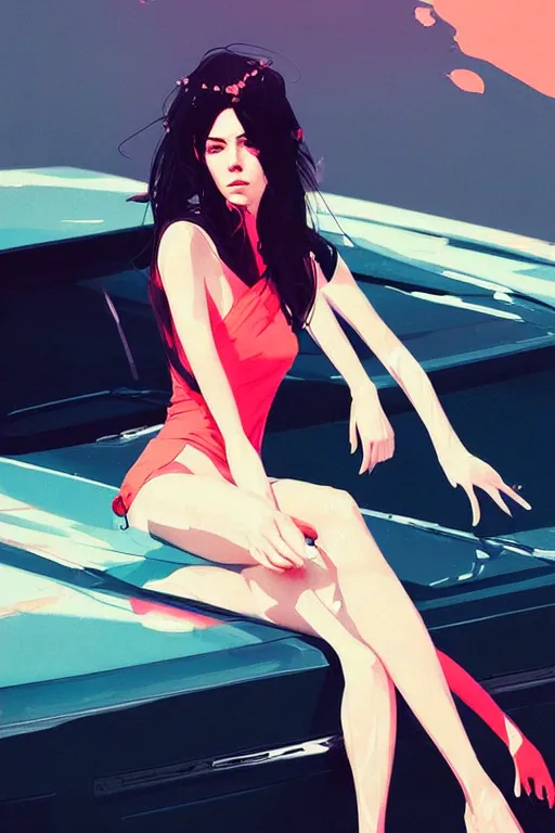 Image similar to a ultradetailed beautiful portrait panting of a stylish woman sitting on a car, by conrad roset, greg rutkowski and makoto shinkai, trending on artstation