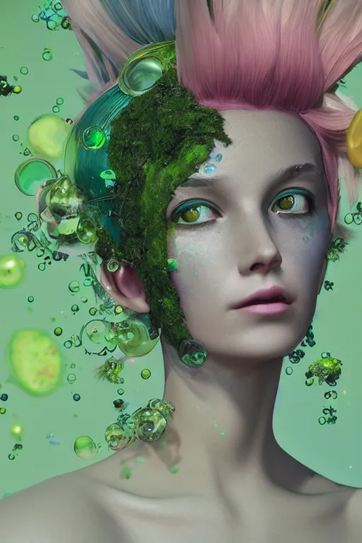 Prompt: nonbinary model glass skin, vine headdress, moss patches, 2 0 mm, with pastel yellow and green bubbles, pink hair, melting into leafeon, delicate, beautiful, intricate, houdini sidefx, by jeremy mann and ilya kuvshinov, jamie hewlett and ayami kojima, bold 3 d