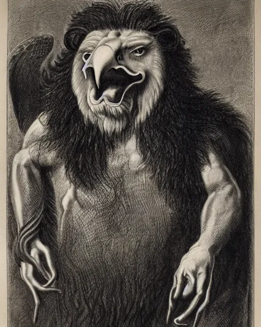 Image similar to a creature with the body and eyes of a man, with the beak of an eagle, the mane of a lion, and the horns of an ox. drawn by francis bacon