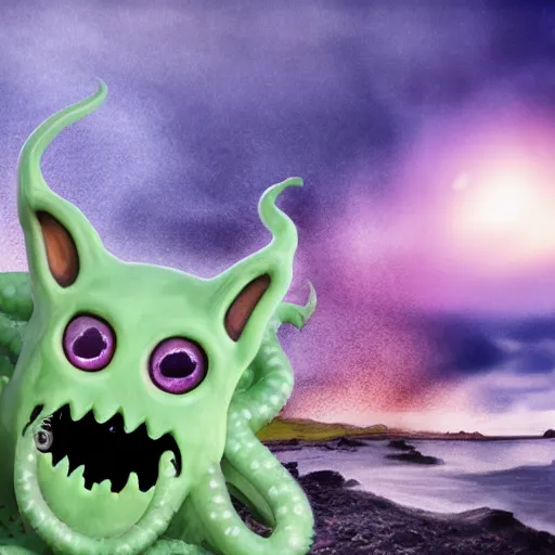 Prompt: frightened cat grins at a lovecraft monster with horns and tentacles pastel colors coast of iceland